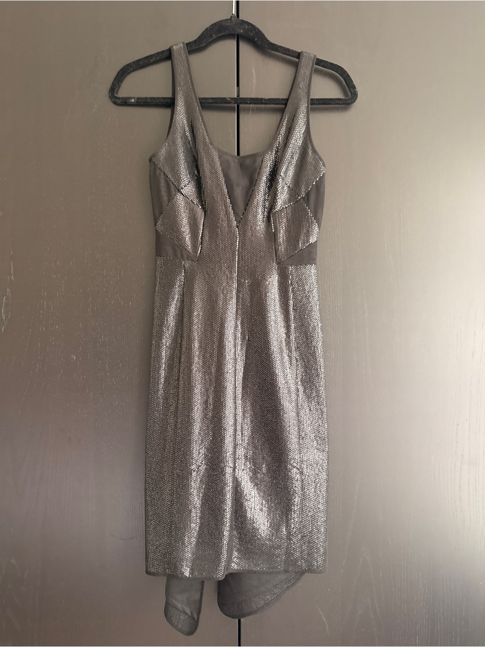 BCBGMaxAzria One-Shoulder Metallic Gray Sheath Dress